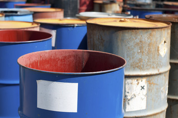 Old colored barrels for oil products