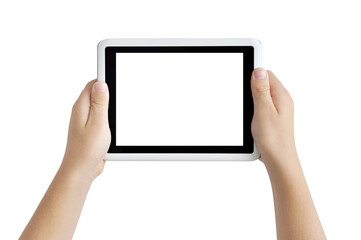 Two hands holding tablet PC, playing games, clipping path