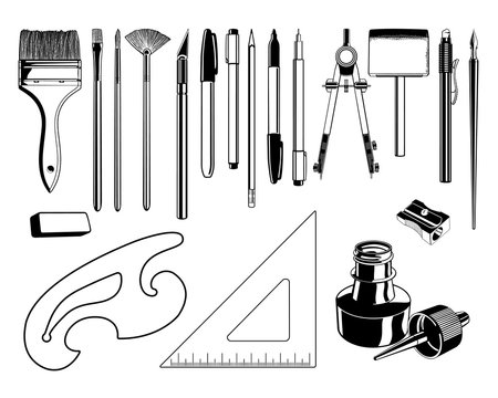 Art and Drawing Supplies Black and White Vector Graphic Illustration Set