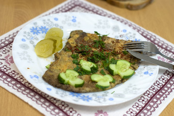 Fried mushroom Macrolepiota procera popular in Poland