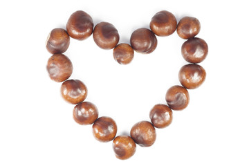 Autumn natural chestnut heart-shaped frame on white background