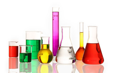 Laboratory glassware with various colored liquids