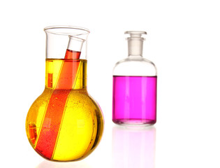 Laboratory glassware with various colored liquids
