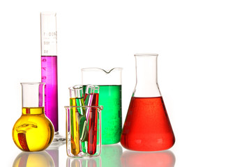 Laboratory glassware with various colored liquids