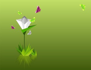 Origami  abstract background. Paper butterflies and flower.
