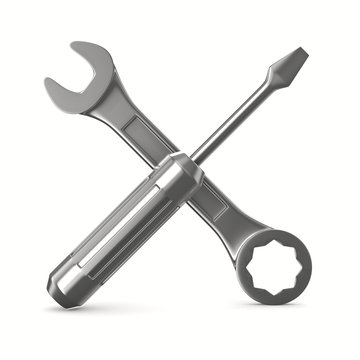 Wrench and screwdriver on white background. Isolated 3D image