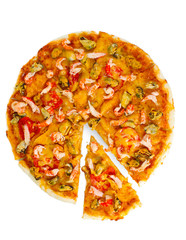 Delicious pizza with seafood isolated on white