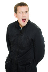 Obraz premium Lazy man yawns on a white background.