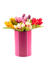 Giftbox and tulips isolated on white