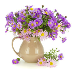 Bouquet of gentle autumn pink and violet chrysanthemums