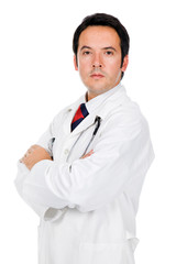 Portrait of a handsome young doctor, isolated on white