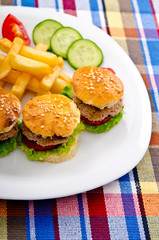 Burgers with french fries in plate