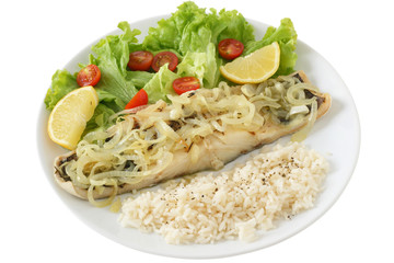 boiled codfish with rice and salad