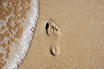 Footprint on sand and sea foam