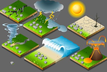 isometric natural disaster, earthquake and eruption Vector