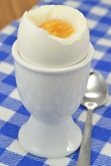 A boiled egg in a cup with focus on yolk