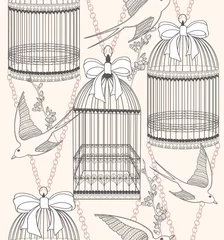 Crédence de cuisine en verre imprimé Oiseaux en cages Modèle sans couture avec des cages à oiseaux, des fleurs et des oiseaux. Floral et s
