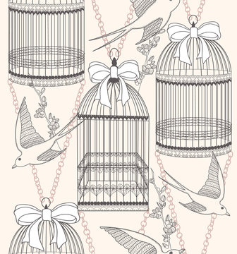 Seamless pattern with birdcages, flowers and birds. Floral and s