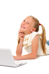 Little girl with laptop on white background
