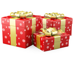 Three red Christmas gifts with a gold ribbon