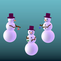 Three snowmans with New Year's balls