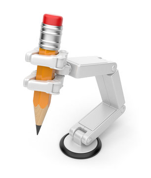 Robotic hand holding pencil 3d. Artificial intelligence. Isolate
