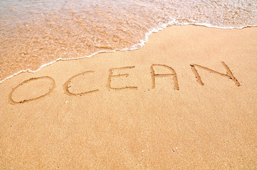 Ocean text written on the beach sand