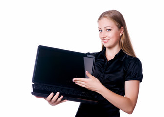 Cute woman hold laptop
