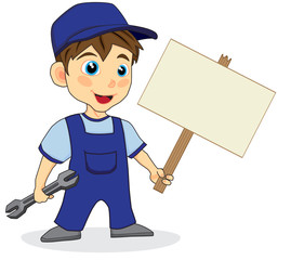 cute mechanic boy with wood sign