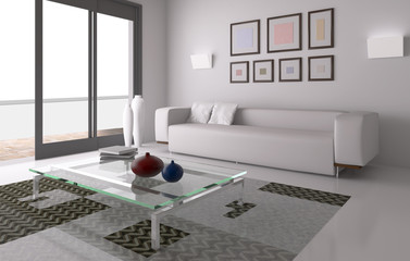 Interno con divani e finestra rendering 3d © 3DarcaStudio