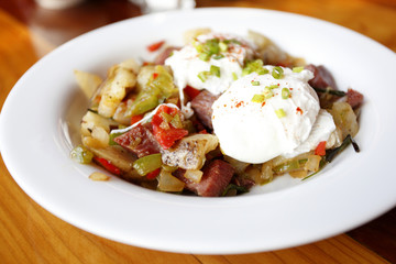 Corned beef hash with poached eggs