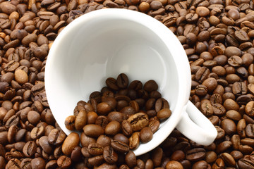 White cup and coffeebeans close-up
