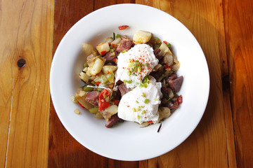 Corned beef hash with poached eggs