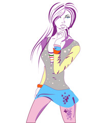 Beautiful girl with violet flowers and butterflies