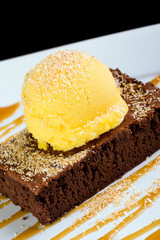 Brownie and Mango Sorbet with caramel sauce for dessert