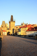 Morning Prague with gothic Castle from the Charles Bridge