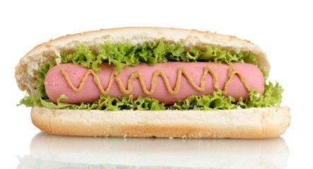 Delicious hot dog with mustard and lettuce isolated on white