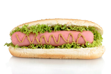 Delicious hot dog with mustard and lettuce isolated on white