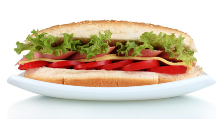 Delicious sandwich on plate isolated on white