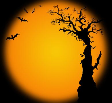Hallowwen background illustration with bat tree