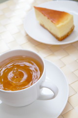tea time with green tea and cheese cake