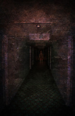 Fototapeta na wymiar Young woman lost in spooky dirty corridor