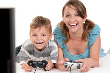 Happy family playing a video game