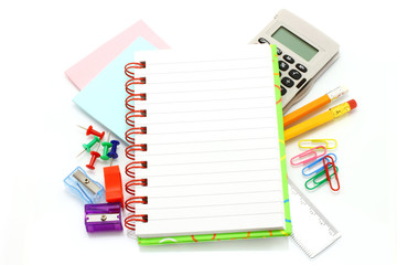 Stationery items on a white background