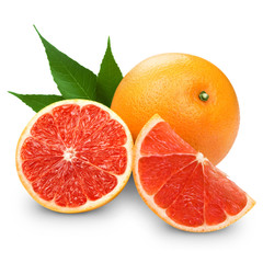 Grapefruit with slice detail on white background