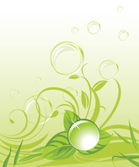 Drop with leaves and bubbles on the floral background