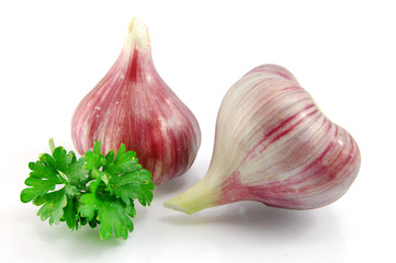 Fresh Parsley and garlic isolated on the white background