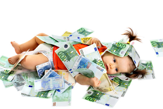 Child with euro money. How much it costs to have a baby