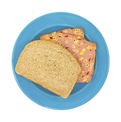 Macaroni cheese loaf sandwich on blue plate