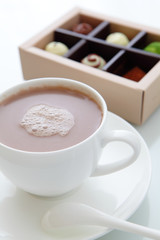 A cup of hot chocolate and colorful chocolate